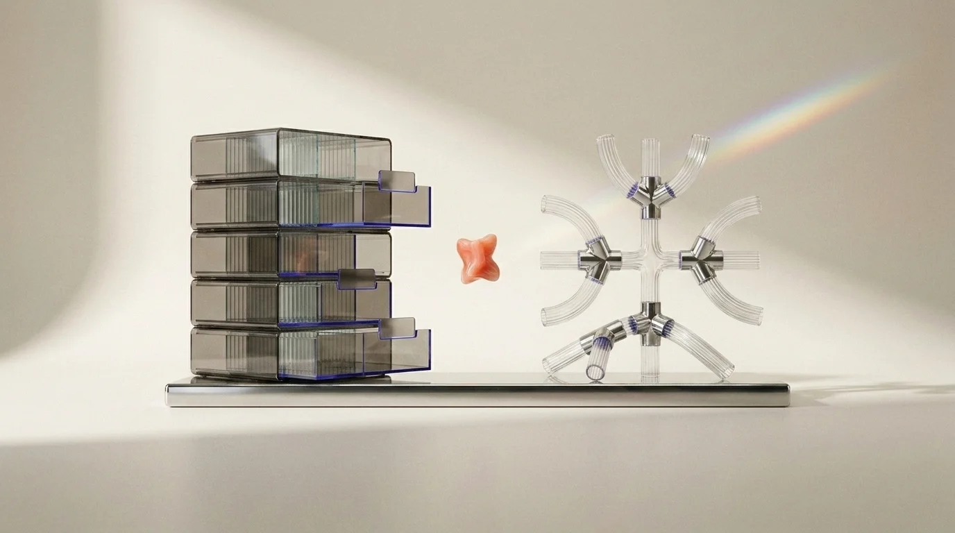 Gebundenes Inhaltsarchiv und frei wachsendes Datensystem als verwandte Glas-und-Chrom-Skulpturen.