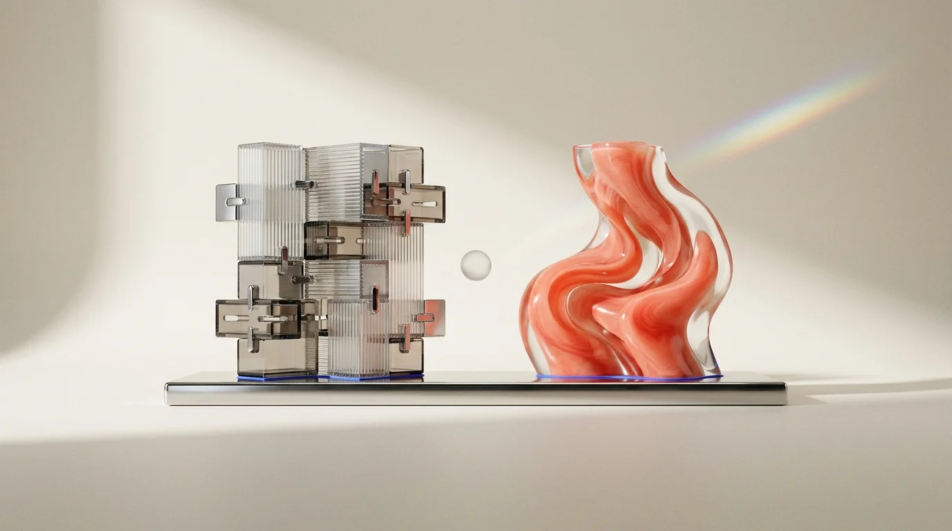 Modulare und frei geformte Website-Architektur als moderne Skulpturen aus Glas, Chrom und Koralle.